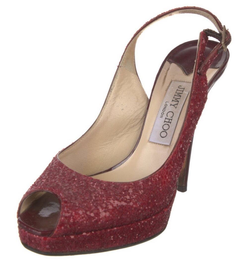 Jimmy Choo Vita Red Glitter Slingback Peep Toe Patent Stiletto Pump IT 37 US 7
